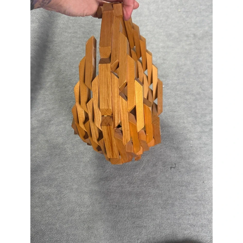 Vintage Geometric Collapsible Wooden Basket Interlocking Block Sculpture Bowl
